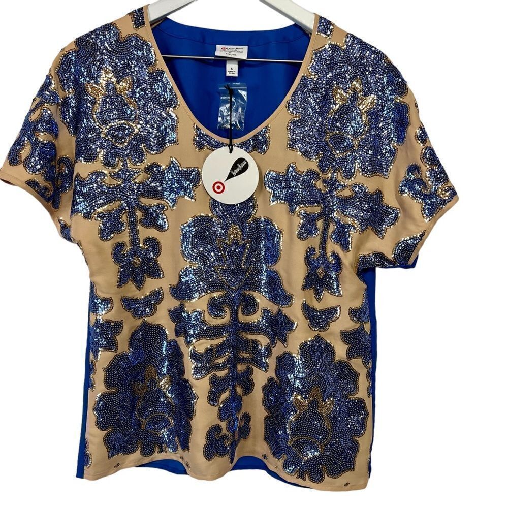 NWT Neiman Marcus Tracy Reese Target Y2K Sequin Top size Small Blue Gold V-Neck